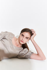 Silk Midi Dress for Women with Puff Sleeves and Scoop Neckline – Flared Hem and Elegant Fit