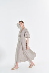 Silk Midi Dress for Women with Puff Sleeves and Scoop Neckline – Flared Hem and Elegant Fit