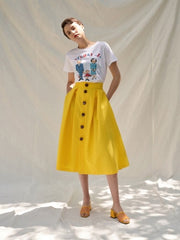 High-Waisted Linen Midi Skirt with Front Button Design and Side Pockets