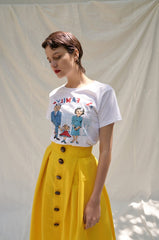 High-Waisted Linen Midi Skirt with Front Button Design and Side Pockets