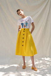 High-Waisted Linen Midi Skirt with Front Button Design and Side Pockets