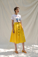 High-Waisted Linen Midi Skirt with Front Button Design and Side Pockets