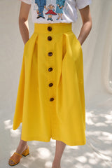 High-Waisted Linen Midi Skirt with Front Button Design and Side Pockets