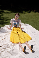 High-Waisted Linen Midi Skirt with Front Button Design and Side Pockets