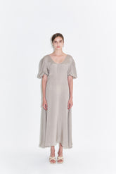 Silk Midi Dress for Women with Puff Sleeves and Scoop Neckline – Flared Hem and Elegant Fit