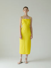 Backless Linen Midi Dress with Spaghetti Straps and Fitted Bodice