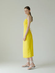 Backless Linen Midi Dress with Spaghetti Straps and Fitted Bodice