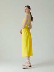 Backless Linen Midi Dress with Spaghetti Straps and Fitted Bodice
