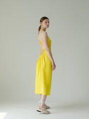 Backless Linen Midi Dress with Spaghetti Straps and Fitted Bodice