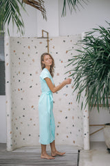 Linen Wrap Midi Dress with Side Tie, Kimono Sleeves, and V-Neckline