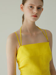 Backless Linen Midi Dress with Spaghetti Straps and Fitted Bodice