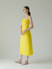 Backless Linen Midi Dress with Spaghetti Straps and Fitted Bodice