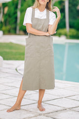 Sleeveless Open-Back Linen Midi Dress with Front Pockets and Side Slits