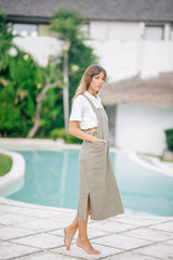 Sleeveless Open-Back Linen Midi Dress with Front Pockets and Side Slits