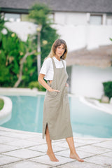 Sleeveless Open-Back Linen Midi Dress with Front Pockets and Side Slits