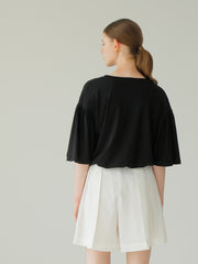 Relaxed Fit Cotton Top with Gathered Sleeves and Soft Round Neckline for Effortless Styling