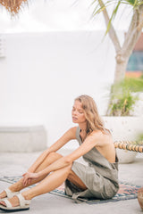 Sleeveless Open-Back Linen Midi Dress with Front Pockets and Side Slits