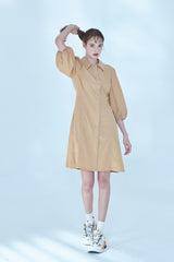 Button-Front Linen Shirt Dress With Puff Sleeves And Tailored A-Line Silhouette