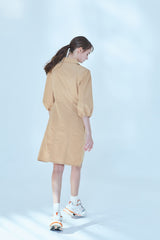 Button-Front Linen Shirt Dress With Puff Sleeves And Tailored A-Line Silhouette