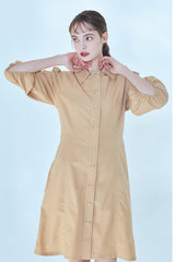 Button-Front Linen Shirt Dress With Puff Sleeves And Tailored A-Line Silhouette