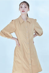 Button-Front Linen Shirt Dress With Puff Sleeves And Tailored A-Line Silhouette