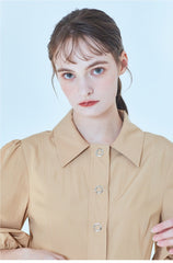 Button-Front Linen Shirt Dress With Puff Sleeves And Tailored A-Line Silhouette