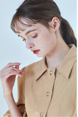 Button-Front Linen Shirt Dress With Puff Sleeves And Tailored A-Line Silhouette
