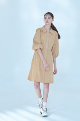 Button-Front Linen Shirt Dress With Puff Sleeves And Tailored A-Line Silhouette