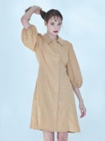 Button-Front Linen Shirt Dress With Puff Sleeves And Tailored A-Line Silhouette