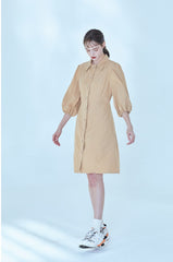 Button-Front Linen Shirt Dress With Puff Sleeves And Tailored A-Line Silhouette