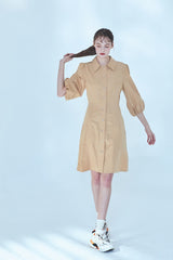 Button-Front Linen Shirt Dress With Puff Sleeves And Tailored A-Line Silhouette