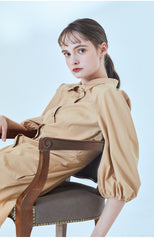 Button-Front Linen Shirt Dress With Puff Sleeves And Tailored A-Line Silhouette