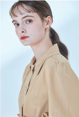 Button-Front Linen Shirt Dress With Puff Sleeves And Tailored A-Line Silhouette