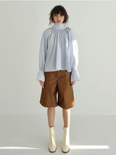 High Neck Gathered Linen Blouse With Long Sleeves and Draped Scarf Tie Back Detail