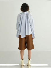 High Neck Gathered Linen Blouse With Long Sleeves and Draped Scarf Tie Back Detail