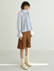 High Neck Gathered Linen Blouse With Long Sleeves and Draped Scarf Tie Back Detail