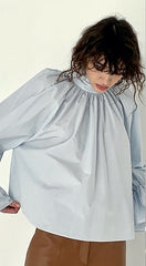 High Neck Gathered Linen Blouse With Long Sleeves and Draped Scarf Tie Back Detail