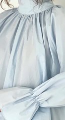 High Neck Gathered Linen Blouse With Long Sleeves and Draped Scarf Tie Back Detail