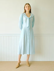 Elegant Linen Midi Dress with Button Front and Soft Tie Collar for Refined Daywear