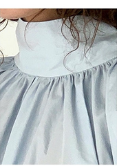 High Neck Gathered Linen Blouse With Long Sleeves and Draped Scarf Tie Back Detail