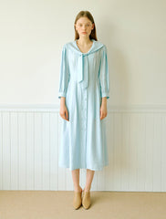 Elegant Linen Midi Dress with Button Front and Soft Tie Collar for Refined Daywear
