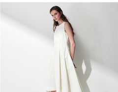 Sleeveless Linen Midi Dress with Asymmetric Hem and Soft Pleats