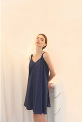 Sleeveless A-Line Linen Dress with Wide Shoulder Straps and Gathered Back Detail