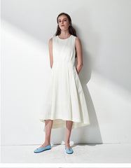 Sleeveless Linen Midi Dress with Asymmetric Hem and Soft Pleats