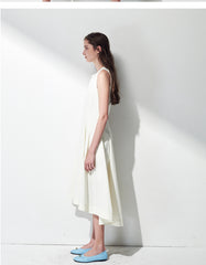 Sleeveless Linen Midi Dress with Asymmetric Hem and Soft Pleats