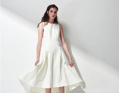 Sleeveless Linen Midi Dress with Asymmetric Hem and Soft Pleats