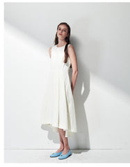 Sleeveless Linen Midi Dress with Asymmetric Hem and Soft Pleats