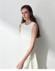 Sleeveless Linen Midi Dress with Asymmetric Hem and Soft Pleats