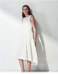 Sleeveless Linen Midi Dress with Asymmetric Hem and Soft Pleats