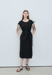 Sleeveless Linen Midi Dress with Waist Tie and Shoulder Drawstrings for Modern Minimal Style